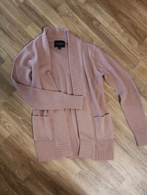 Womens Dusty Rose Open-Front Ribbed Pocket Cardigan